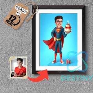 Superhelden Karikatur mit Geburtstagstorte und Kerze – Portrait nach Foto, Superhelden-Party mit Geburtstagskerze und Geburtstagsgeschenk für Kinder