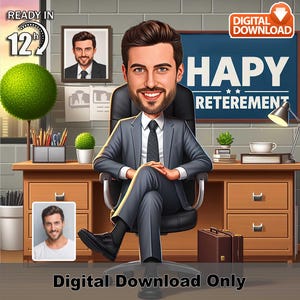 Caricatura personalizada de chefe masculino aposentado, sala de escritório, retrato de desenho animado personalizado, presente de despedida personalizado, arte digital em 12 horas, chefe engraçado