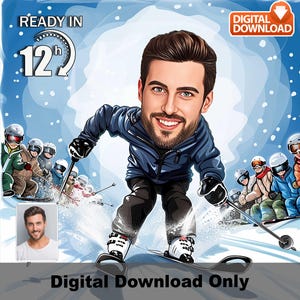 Caricatura de esqui masculino personalizada – Retrato de esqui personalizado para crianças – Presente engraçado de esportes de inverno para jovens esquiadores, jogador engraçado, esportes engraçados,
