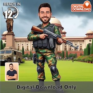 Aangepaste karikatuur mannelijke soldaat, trainingscentrum, militair cartoonportret, gepersonaliseerd legercadeau, digitale kunst in 12 uur,