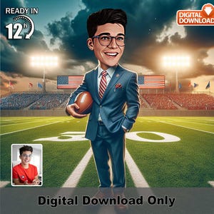 Caricatura personalizada de treinador de futebol americano masculino – Foto de retrato digital personalizada, presente de desenho animado esportivo personalizado para ele, pronto em 12 horas,