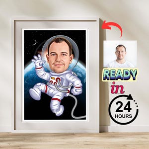 Retrato de caricatura de astronauta personalizado, dibujo de caricatura de astronauta personalizado a partir de foto, caricatura divertida de astronauta, regalo para papá,