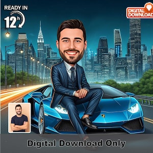 Custom Male Boss Caricature, with Sky Sports Car in city area– Custom Digital Photo, Funny Executive Cartoon Gift for Him, Luxury Car,