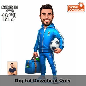 Kundenspezifische männliche Fußballtrainer Karikatur, Karikaturfotokunst, personalisiertes Geschenk, lustiges Teamcoach-Illustration, Fußballtrainer, lustiger Trainer