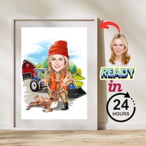 Personalized Woman Hunter Cartoon Portrait, Hunter Portrait, Hunter Gift, Hunter Caricature, Hunter Cartoon Drawing, Caricature from Photo