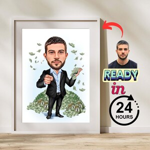 Personalized money man caricature art, rich man caricature art, Businessman Art, Big Boss Caricature, Fathers Day gift, Professional Present