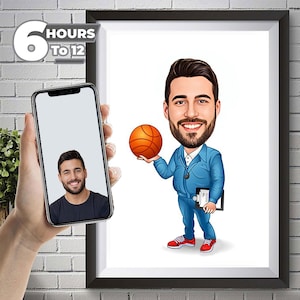 Caricatura de entrenador de baloncesto personalizada, regalo de entrenador a partir de una foto, retrato de caricatura de entrenador, caricatura personalizada, entrenador divertido