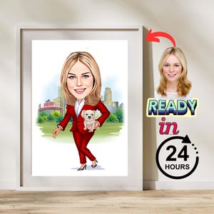 Personalized woman Dog Owner Caricature Portrait, Custom Owner with Dog Portrait, Pet and Human Portrait from Photo
