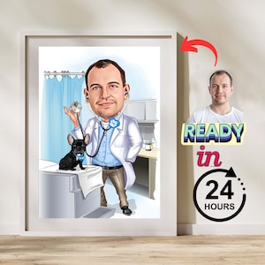 Custom Male Pet Doctor Caricature, Cartoon Portrait, Veterinary Caricature from Photo, Funny Vet Gift, Personalized Animal Doctor Artwork