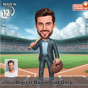 Caricatura personalizada de treinador de beisebol masculino – Foto de retrato digital personalizada, Presente de desenho animado esportivo personalizado para ele, Arte de beisebol em 12 horas,