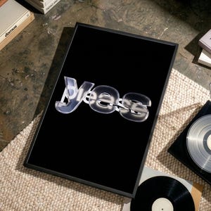 Yes Chrome Letters Wall Art Print, 3D Glass Bubble Typography with Shiny Finish, Bold Statement Decor