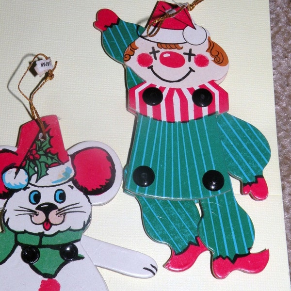 Vintage CLOWN and MOUSE Moveable Arm and Leg Christmas Ornaments made in JAPAN