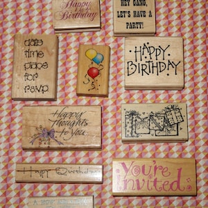 Vintage Birthday Rubber Stamps, Set of 10, Dated 1989 to 1994
