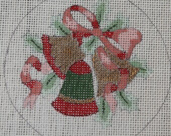 Vtg Hand Painted Needlepoint Canvas Christmas Bells and Bow Design