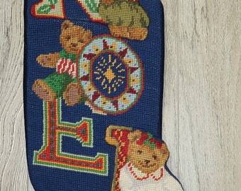 Vtg Teddy Bear "NOEL" Needlepoint Stocking