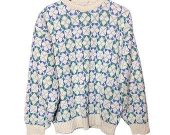Maglione da uomo Isle of Cotton Knit, taglia L, blu e verde, stile vintage, prodotto negli Stati Uniti.