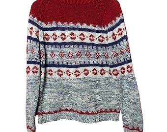 Vintage National Shirt Shops Large Fair Isle Sweater Red Blue White Acrylic Knit