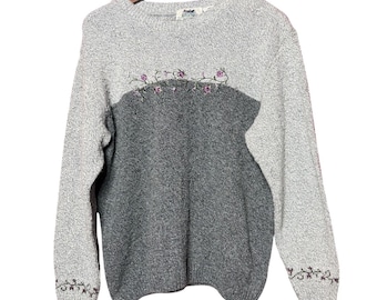 Suéter vintage Northern Reflections para mujer, talla mediana, color gris, con bordado floral y bloques de color.