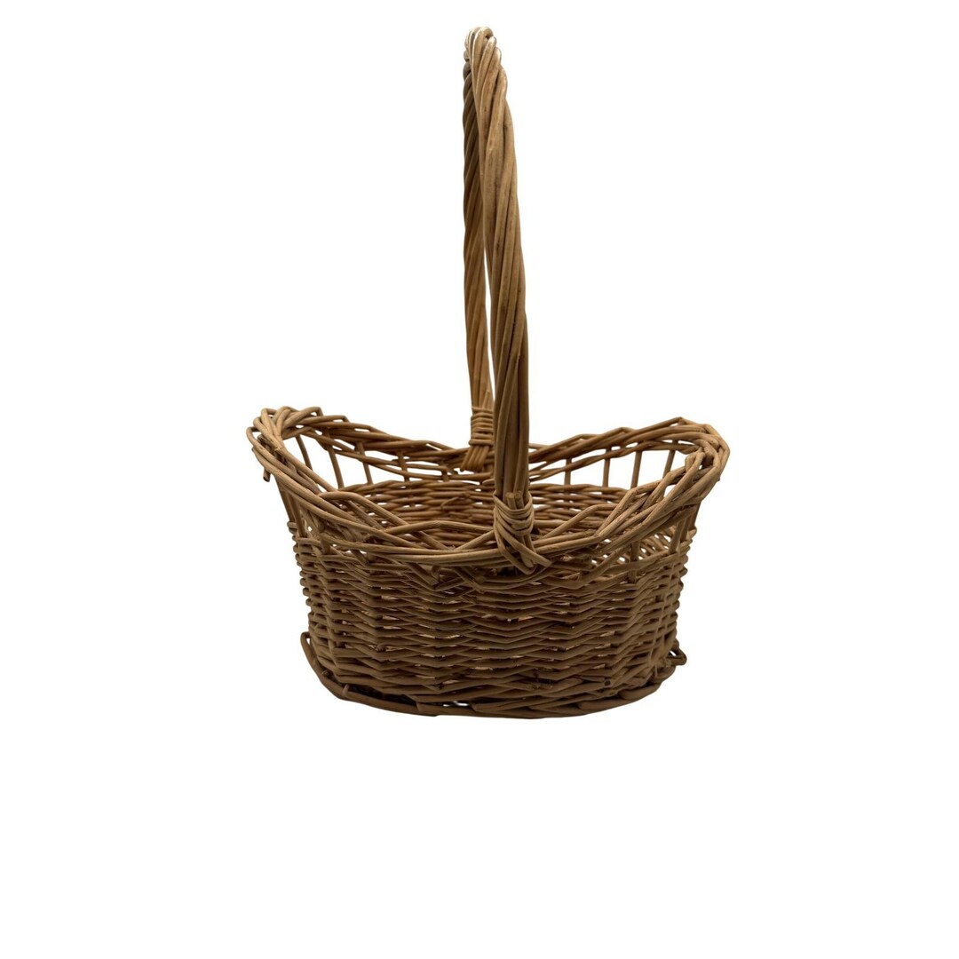 Vintage Rustic Woven Wicker Basket With High Handle Scalloped Rim Tan ...