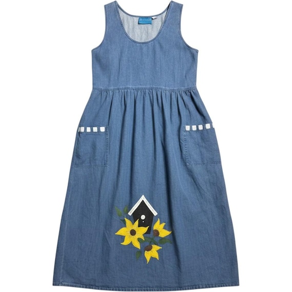 VTG Ol'paint Women 3X Denim Sunflower Maxi Dress Blue Sleeveless Pockets Prairie