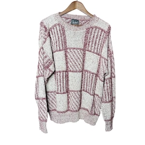 Jersey vintage John Weitz para hombre, talla M, estilo años 90, patchwork, cuello redondo, color granate y crema, fabricado en EE. UU.