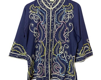 Vintage Women Medium Handcrafted Embroidered Tunic Top Navy Blue Paisley Cut-out