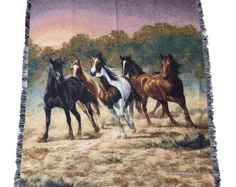 Mohawk Home Woven Horse Throw Blanket OS Multi Excellent Wild Horses Fringed USA