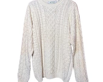 Jersey de punto trenzado Method para hombre, talla grande, color crema, mezcla de seda y algodón, manga larga.