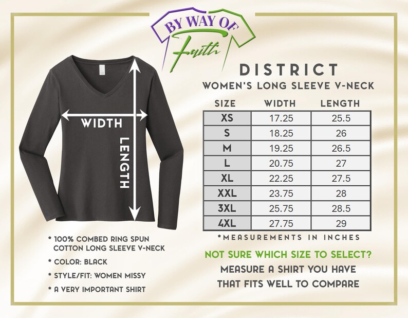 a women's long sleeve shirt with the measurements