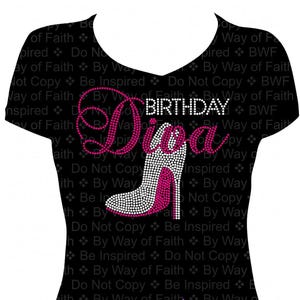 May include: Black t-shirt with the text "Birthday Diva" in pink rhinestones and a white rhinestone high heel shoe with a pink heel.