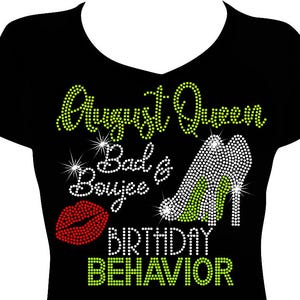 August (any month) Birthday Queen Bad and Boujee Bling Rhinestone Shirt, Gifts for Her, Women Bling, Birthday Slay, It&#39;s My Birthday
