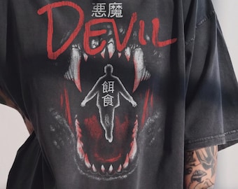 Japanese Horror Comfort Colors T-Shirt, Grunge Devil Mouth Graphic Tee