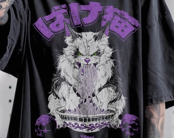 Vintage Ramen Monster Cat T-Shirt, Japanese Yokai Bakeneko Streetwear