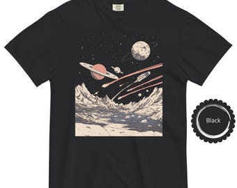 Retro Sci-Fi T-Shirt: Vintage Spaceship, Alien Planet, 70s Comic Art