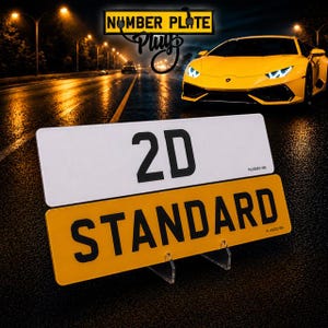 Può includere: Due targhe automobilistiche rettangolari su supporti trasparenti. La targa bianca superiore riporta il testo nero 2D, mentre quella gialla inferiore riporta il testo nero STANDARD. Entrambe includono il piccolo testo PLUGGED VIN nell'angolo.