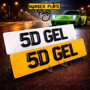 May include: Two number plates, one white and one yellow, with the text "5D GEL" in black. The plates are displayed with a green sports car in the background. The top of the image reads "NUMBER PLATE Plugs".