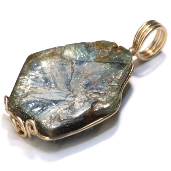 Trapiche Sapphire Necklace (17 ct) Blue Sapphire Pendant in 14k Yellow Gold, Trapiche Star Sapphire Slice, September Birthstone Jewelry