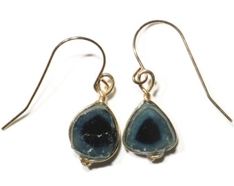 Blue Tourmaline Crystal Earrings (3.2 tctw) 14k Yellow Gold Earrings, Watermelon Tourmaline Pair, Blue Black Bicolor Crystal Slice Earrings