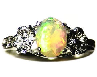 Opal Ring Size 8 1/2 (0.88 ct) Honeycomb Opal Ring, Faceted Opal Oval Ring, Sterling Silver Rainbow Opal Ring, Ethiopian Opal Solitaire Ring