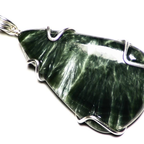 Seraphinite Pendant in Sterling Silver Wire Wrap, Green Seraphinite Necklace, Seraphinite Jewelry, Chatoyant Cabochon, Seraphinite Teardrop