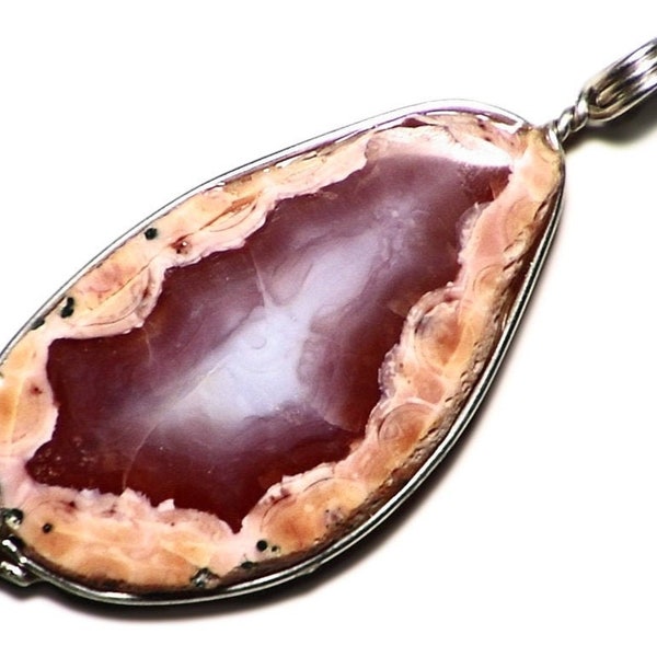 Pink and Red Agate Pendant in Silver, Moroccan Agate Jewelry in Sterling, Fortification Agate Gift For Her, Raw Agate Necklace For Christmas