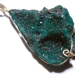 Huge Dioptase Pendant in Gold, Green Raw Dioptase Crystal Cluster Necklace, Natural Dioptase Plate Jewelry 14k Yellow Gold Wire Wrap, Large image 1