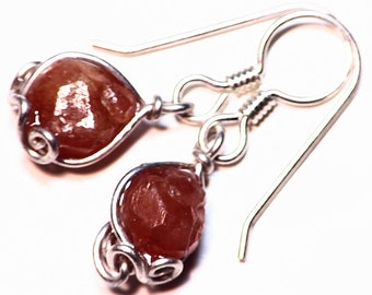 Garnet Earrings Silver, Raw Garnet Crystal Earrings, Hessonite Garnet Drop Earrings in Sterling Silver (5 tctw) Red Orange Garnet Dangle