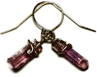 Purple Pink Topaz Crystal Earrings (4.4 tctw) Raw Topaz Dangle Earrings, Gold Wire Wrap Topaz Earrings, Pink Imperial Topaz Crystal Earrings