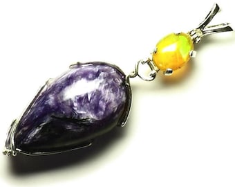 Charoite Jewelry, Charoite Cabochon and Fire Opal Necklace in Sterling Silver, Ethiopian Opal Engagement Gift Pendant, Russian Gem Siberia