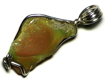 Natural Opal Pendant, Rainbow Fire, Opal Necklace (10 ct) Small Opal Jewelry, Ethiopian Welo Opal in Sterling Silver, Red and Green Opal