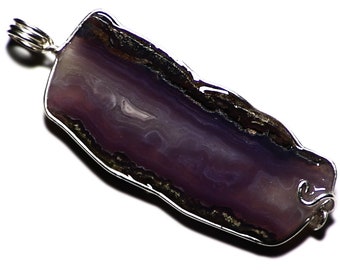 Purple Agate Slice Pendant, Royal Purple Aztec Lace Agate Necklace, Agate Freeform Cabochon in Sterling Silver Wire Wrap, Hand Wrapped Agate