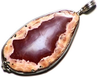 Pink and Red Agate Pendant in Silver, Moroccan Agate Jewelry in Sterling, Fortification Agate Gift For Her, Raw Agate Necklace For Christmas