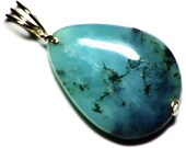 Dendritic Opal Necklace, Blue Gem Opal Pendant in 14k Gold (20 ct) Dendritic Blue Chrysocolla Opal, Peruvian Real Stone Wire Wrap Birthstone