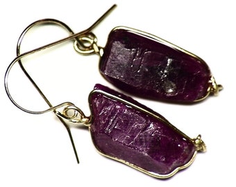 Ruby Crystal Earrings in 14k Yellow Gold (10 ct) Real Ruby in Gold, Natural Ruby Crystals, Matched Pair, Two Untreated Rubies in Gold Wire